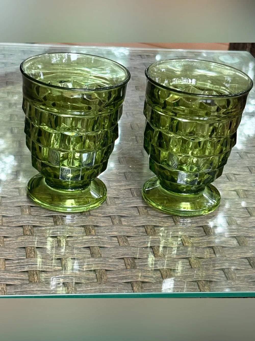 Vtg 60s Indiana Glass Whitehall Colony Cubist Avocado Green Footed 9 Oz Glasses